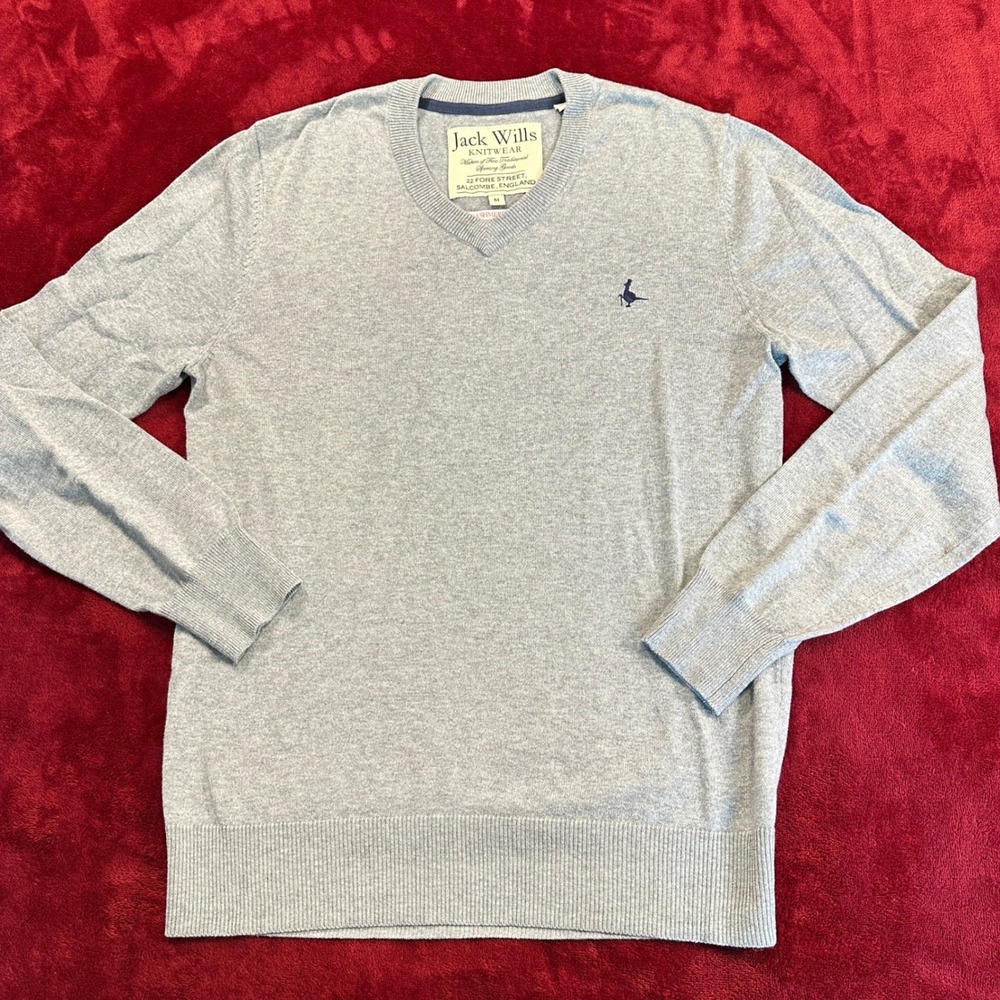 Jack Wills Mens V-Neck Sweater Gray Cashmere Blend Pheasant Logo Size M